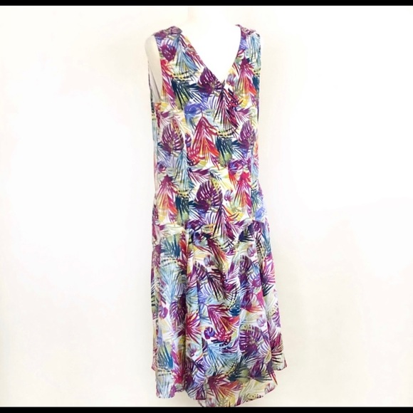 Jessica London Sleeveless Tropical Palm Leaves V Neck Plus Dress - Picture 2 of 6